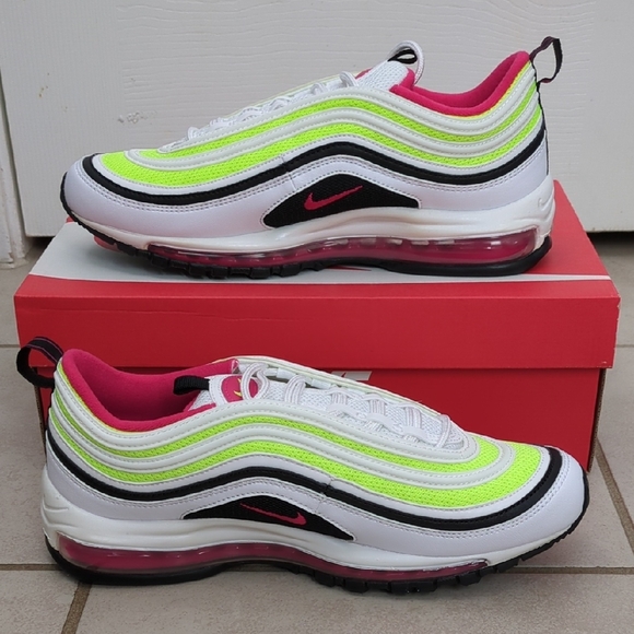 New! Nike Air Max 97, Men\'s White, Neon Green, & Fuchsia Running Sneakers main image 4